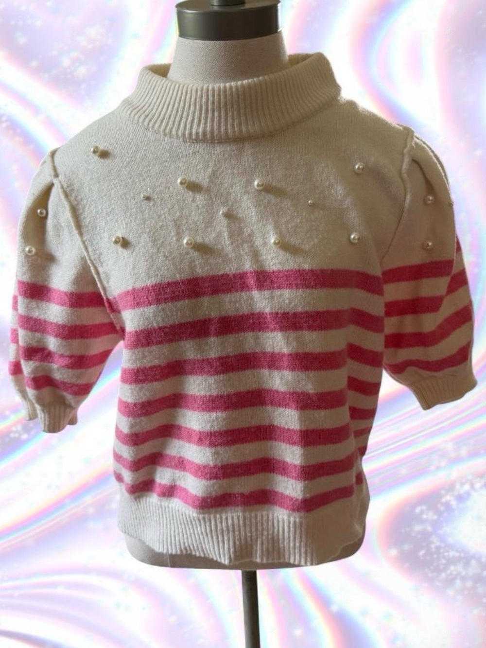 Altar'd State Cream & Pink Striped Pearl-Embellished Turtleneck Sweater